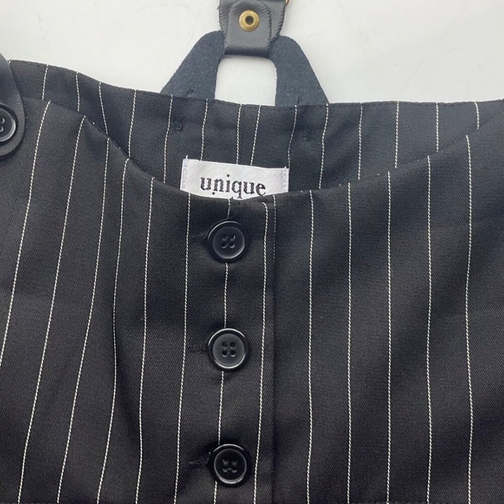 Unique Vintage XL Thelma Black Pinstripe High-Waisted Wide-Leg Pants Suspenders - Picture 6 of 16